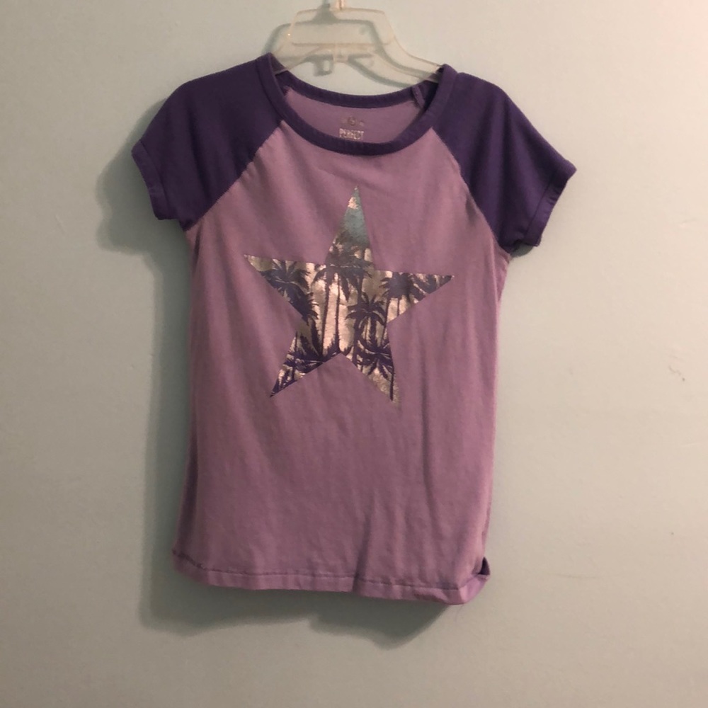 purple shirt with silver star and palm trees